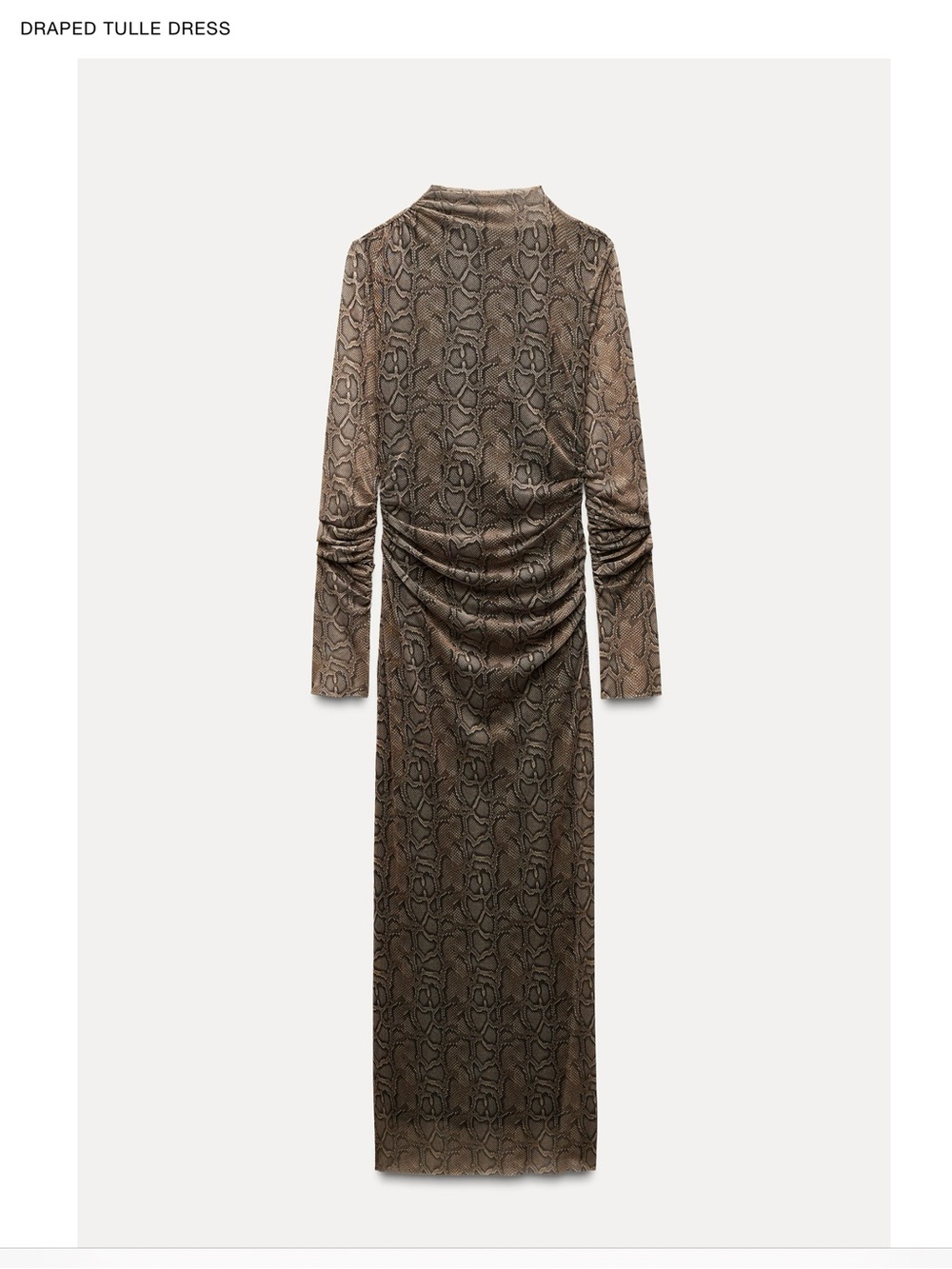 ZARA NWT- Draped Tulle Long Sleeve Dress in Brown Snake Print. Size Small.